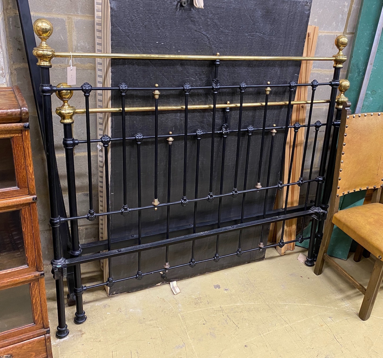 A Victorian style brass mounted double bed frame with divan, width 150cm, height 140cm
